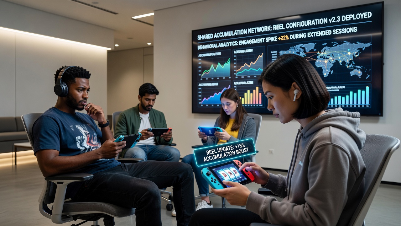 Players engaging with handheld gaming devices showing reel updates in accumulation networks