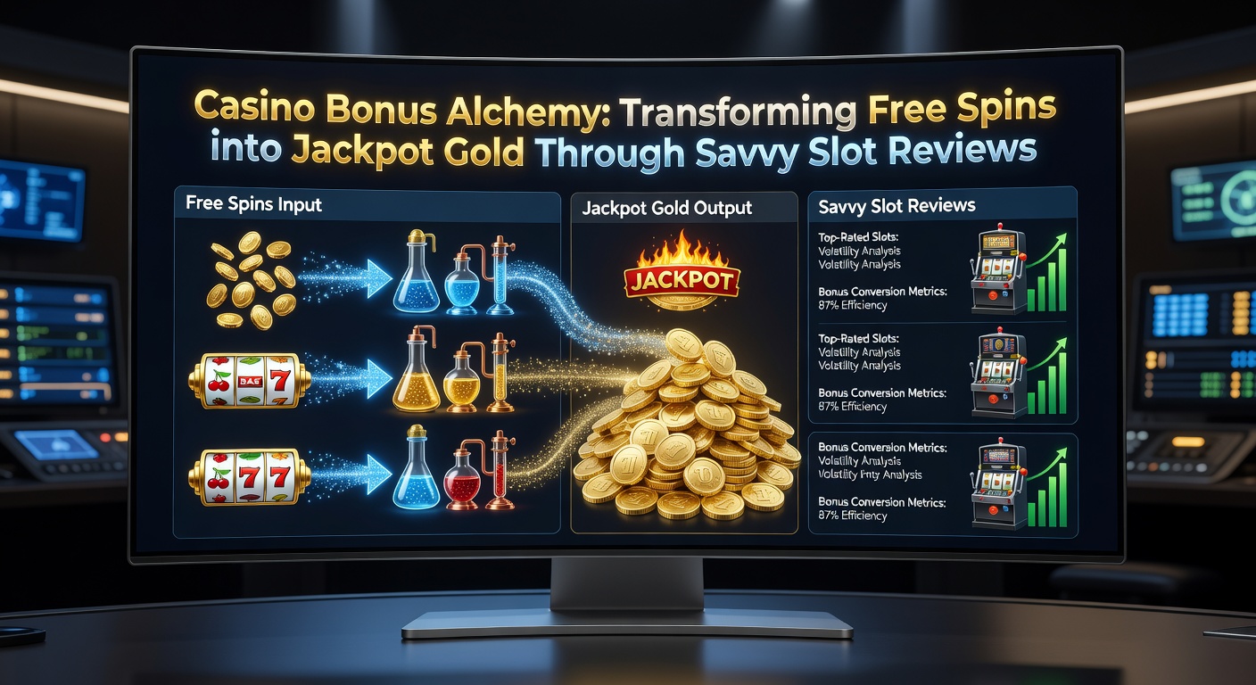 Golden jackpot meter overflowing with coins beside a cascade of free spin icons and slot review charts, symbolizing strategic wins