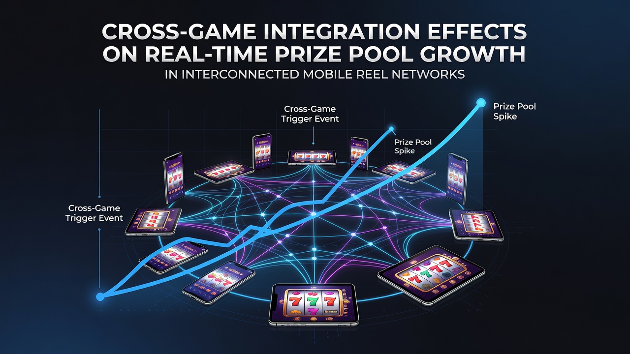 Visual representation of interconnected mobile reel networks showing prize pool connections across multiple slot games on smartphones and tablets