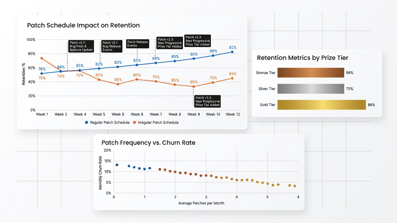 Bar charts comparing retention percentages before and after patch events on iOS, Android, and desktop platforms