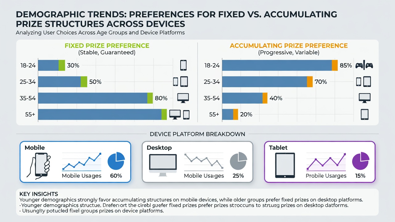 Infographic illustrating device-based preferences for fixed versus accumulating prizes among different age groups
