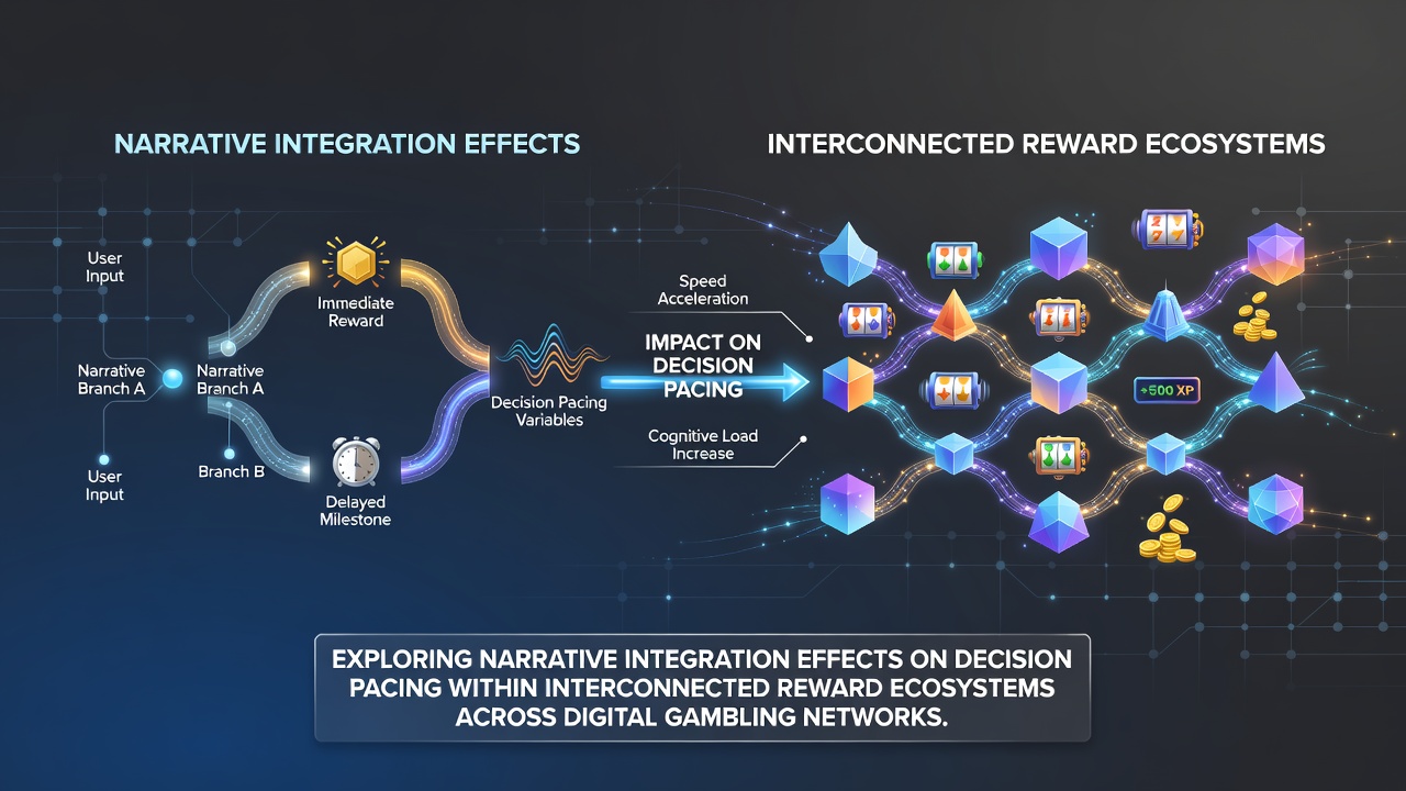 Digital gambling interface showing narrative elements integrated with reward progress bars and decision timers across multiple connected devices