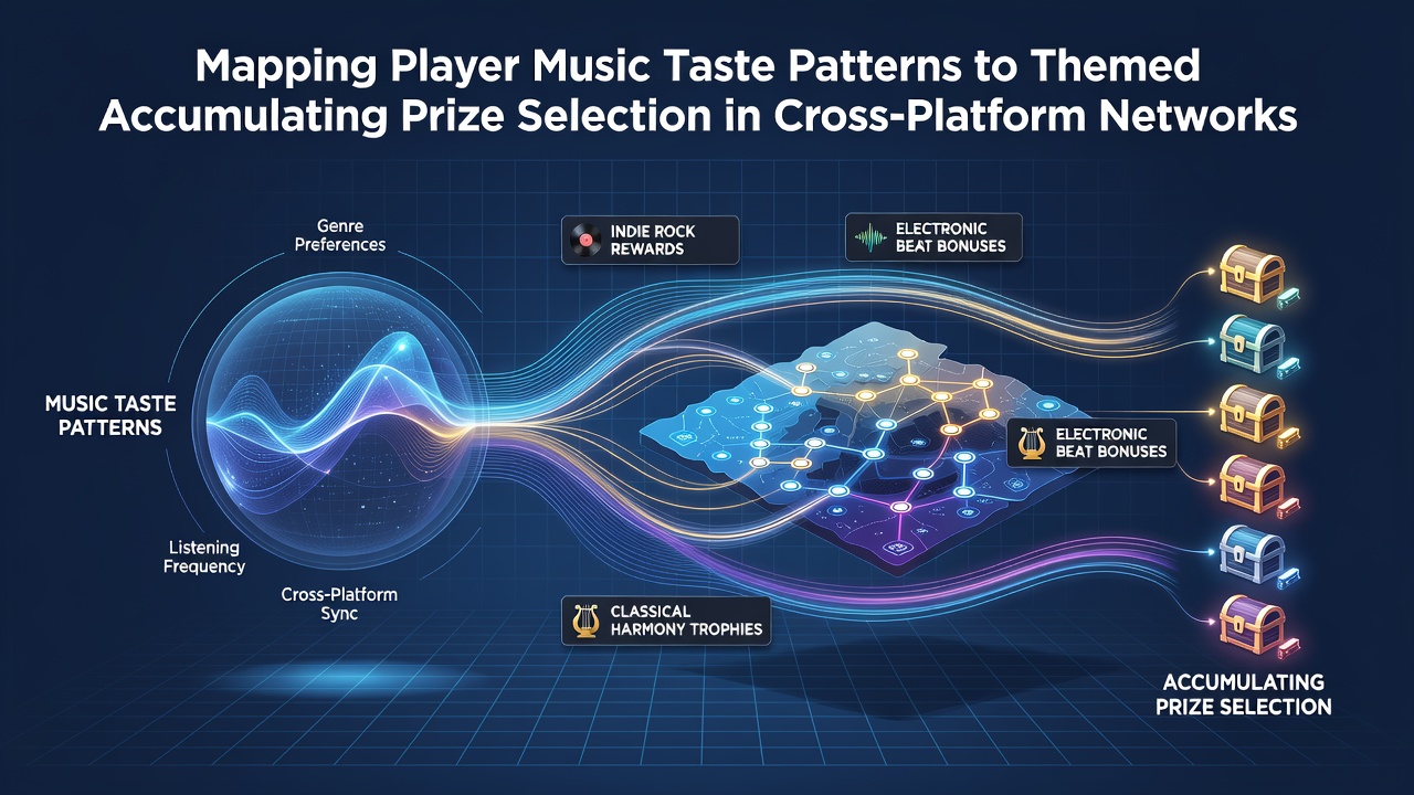 Network diagram showing connections between music genre preferences and themed slot prize selections across devices