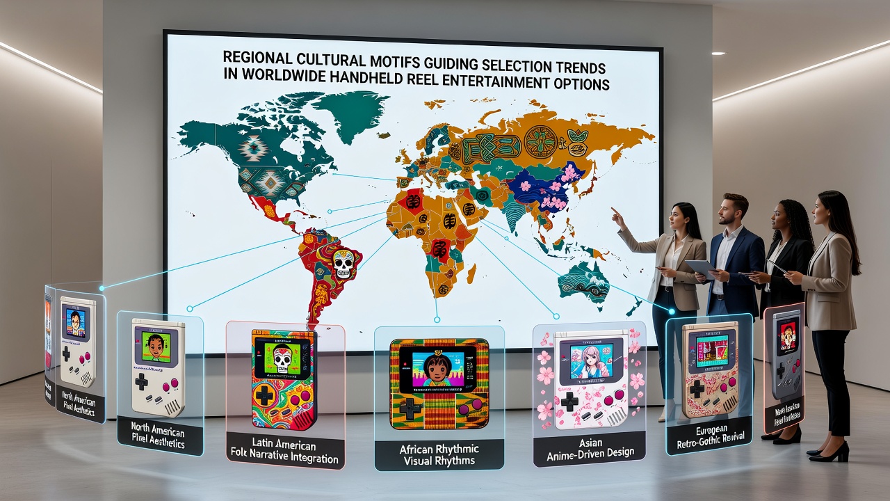 Diverse reel symbols representing cultural motifs from Asia, Europe, and Latin America on mobile screens