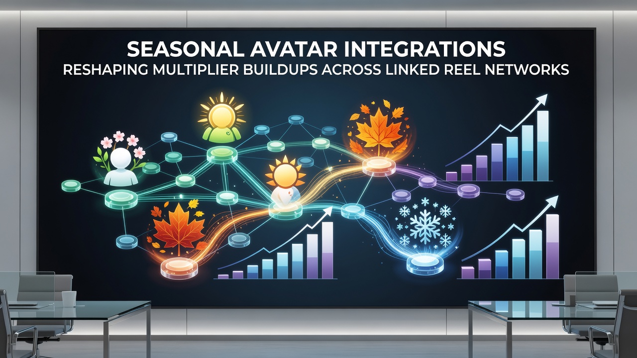Multiplier buildup visualization across linked reel networks with seasonal avatar overlays active
