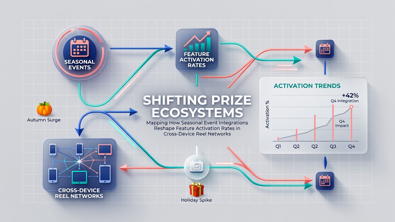 Cross-device reel networks displaying seasonal event overlays on slot interfaces during integrated prize activations