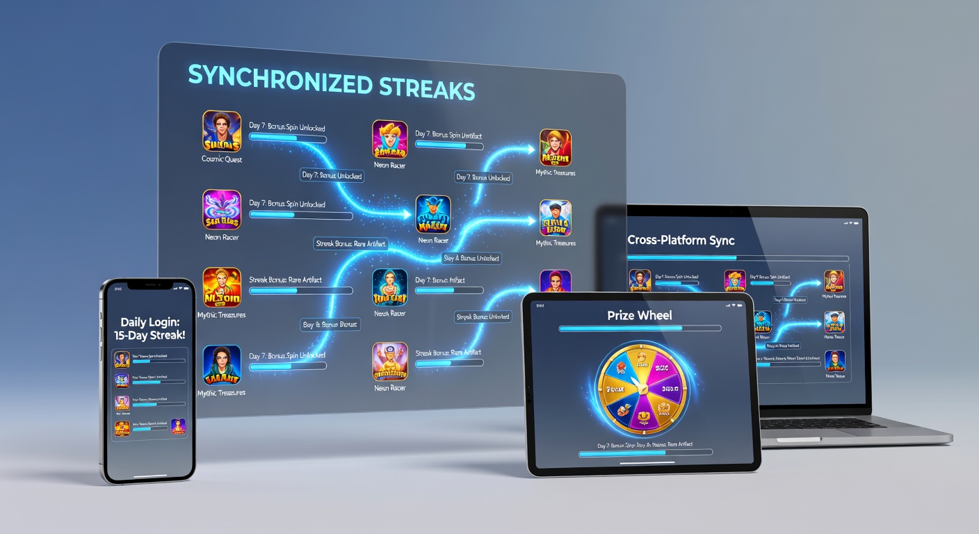 Cross-device slot interface showing synchronized login streaks and tiered prize indicators on mobile and desktop screens