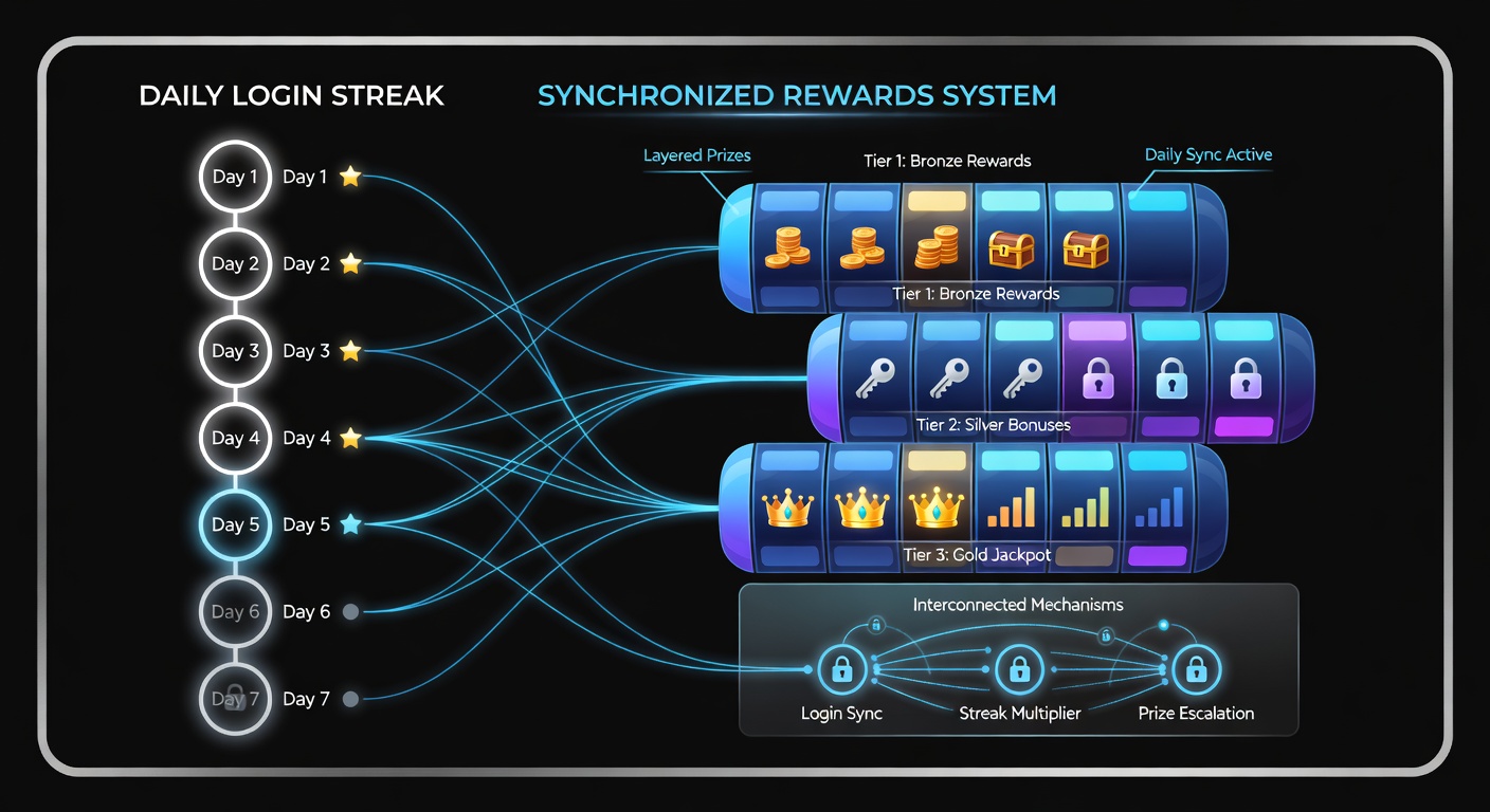 Layered prize dashboard displaying synced streak progress across multiple slot games on tablet and smartphone