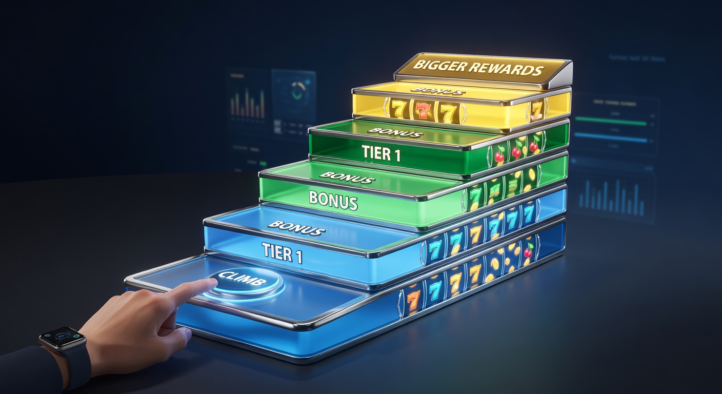 Close-up of a slot bonus ladder mid-climb, with golden coins cascading from reached tiers and a shadowy jackpot looming above