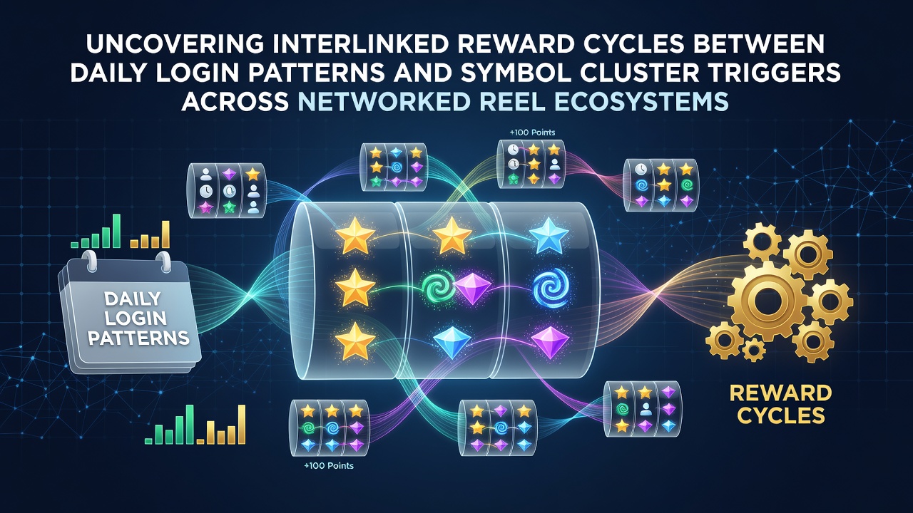 Networked reel ecosystems displaying interconnected daily login rewards and symbol cluster formations across multiple slot platforms